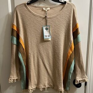 BNWT Easel Beige Top with Colorful Stripes and Lace Trim